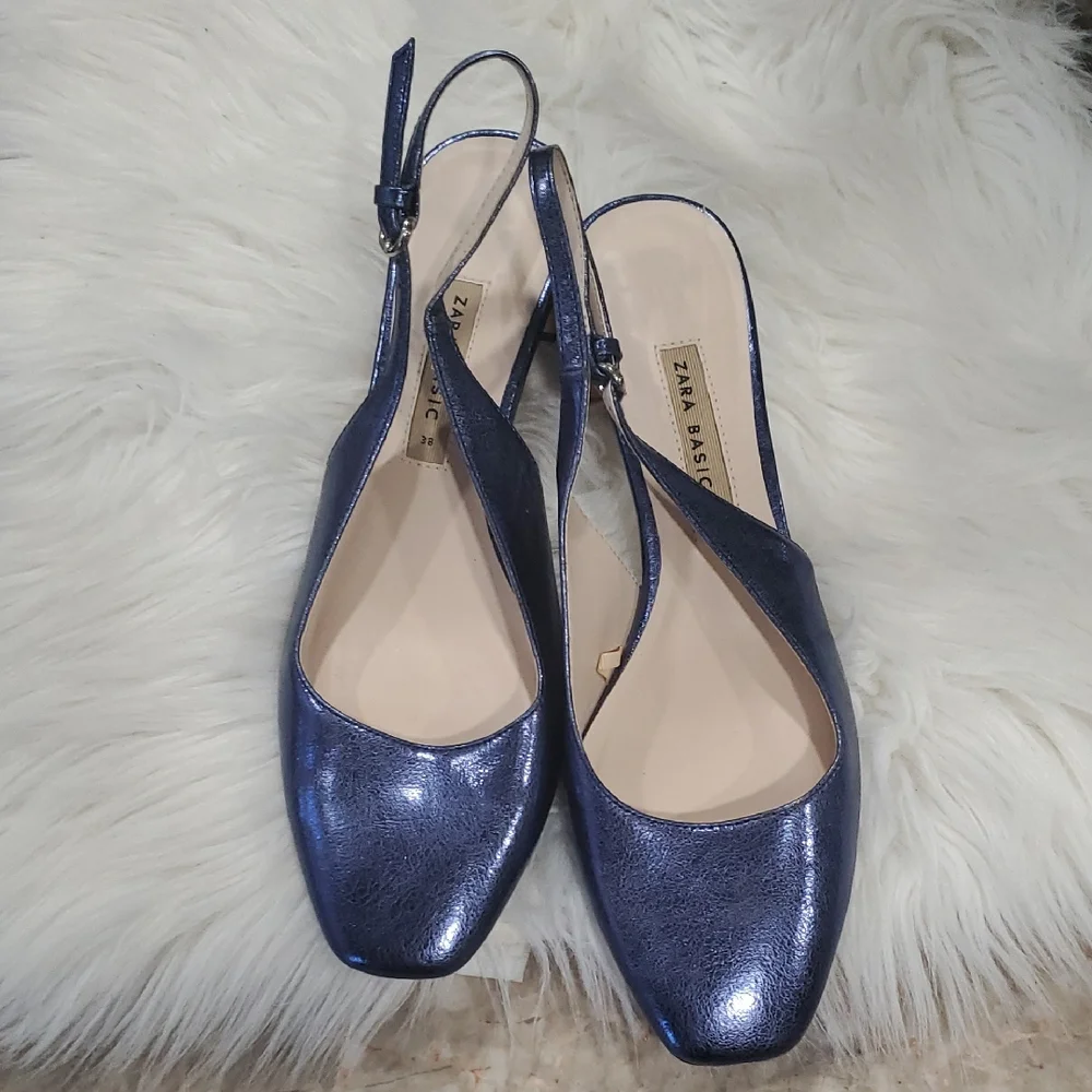 Zara Women's Shiny Blue Slingback Heels - Picture 1 of 12